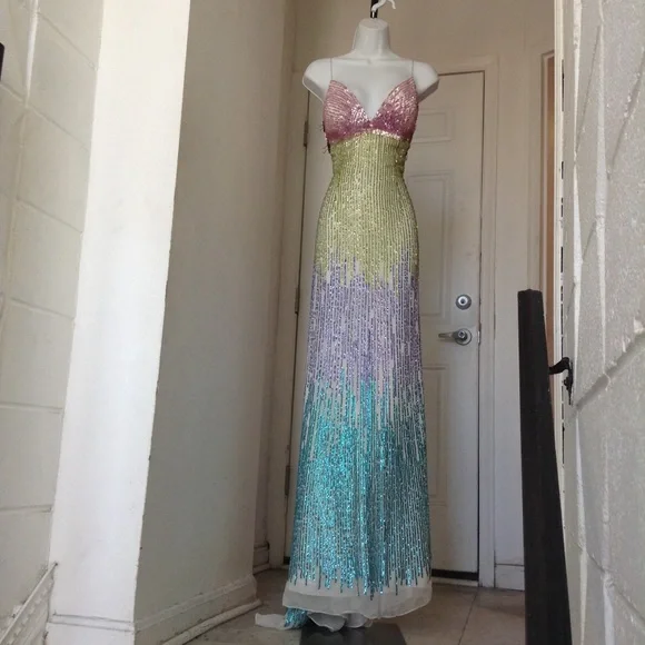 Sherri Hill | Dresses | Sherri Hill Cream Silk Multicolor Sequin Gown |  Poshmark